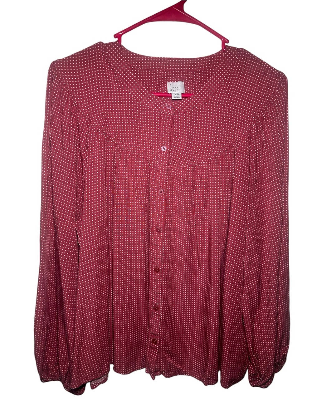 A New Day Women's Polka Dot Button-Front Blouse Long Sleeve Red White Plus Size